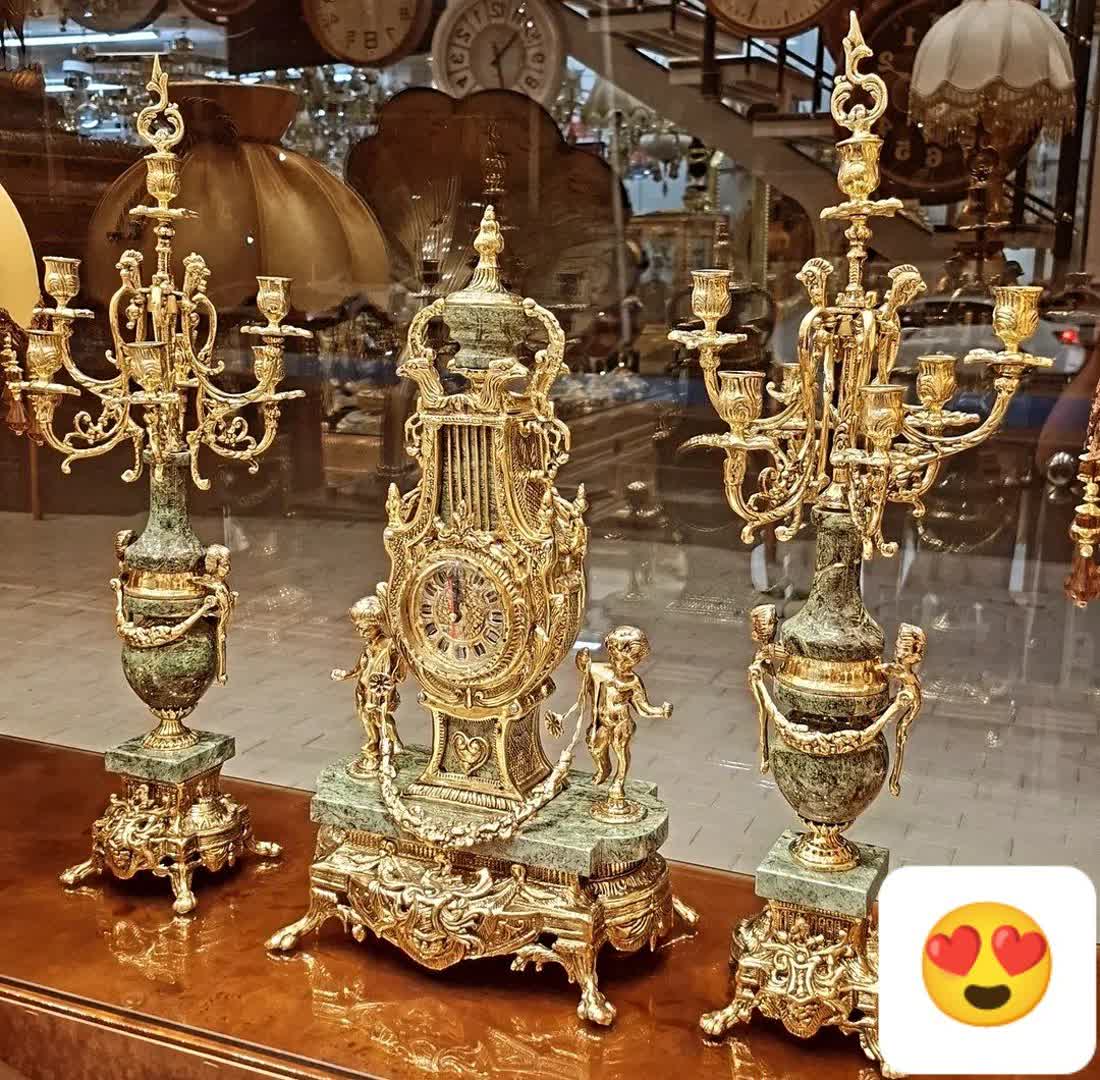 ساعت و شمعدان خروسی برنزی با سنگ سبز