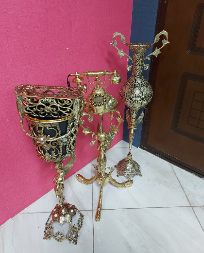 ست سطل و جا دستمال گلدان و تلفن ایستاده برنزی مدل فرشته پر کار
